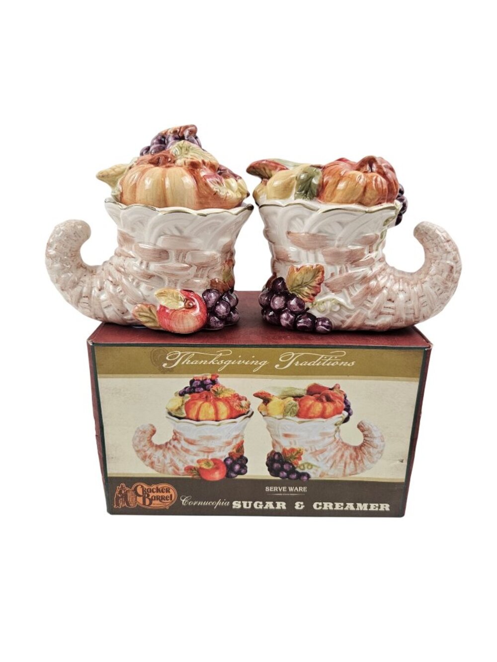 Cracker Barrel Serve Ware Creamer Lidded Sugar Cornucopia Thanksgiving NIB